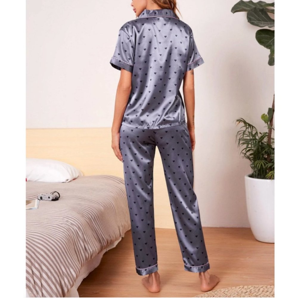 Purple Heart Print Satin Pyjama Set - Picture 2 of 5